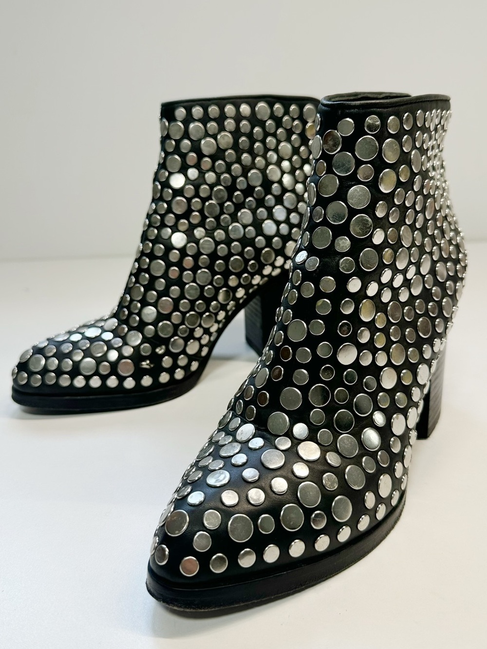 Studded Black Leather Ankle Boots with Silver Accents - Women's